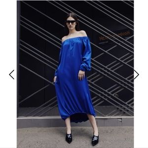 Julia Allert Blue‎ Silk Open Shoulders Oversized Dress Blue Size XL